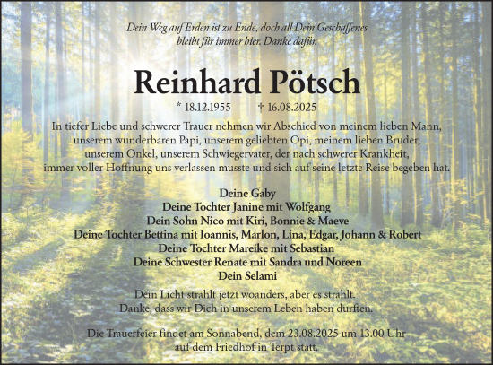 Traueranzeige von Reinhard Pötsch von Lausitzer Rundschau
