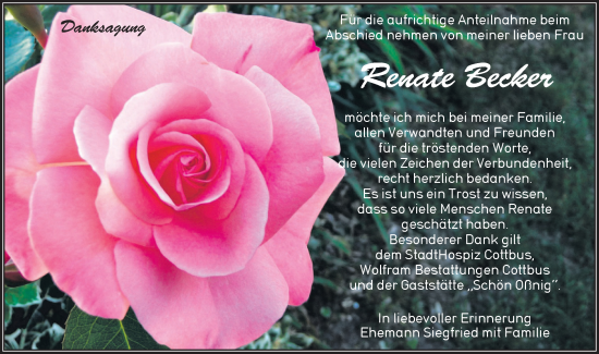 Traueranzeige von Renate Becker von Lausitzer Rundschau