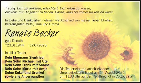 Traueranzeige von Renate Becker von Lausitzer Rundschau