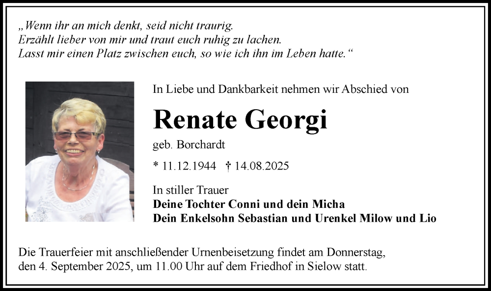  Traueranzeige für Renate Georgi vom 23.08.2025 aus Lausitzer Rundschau