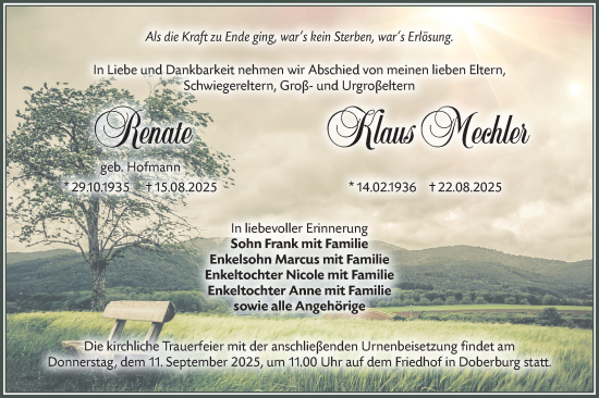 Traueranzeige von Renate Klaus Mechler von Lausitzer Rundschau