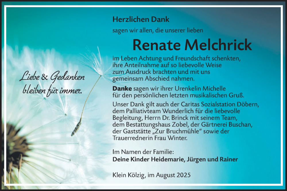  Traueranzeige für Renate Melchrick vom 30.08.2025 aus Lausitzer Rundschau