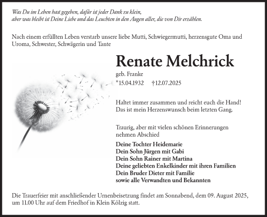Traueranzeige von Renate Melchrick von Lausitzer Rundschau