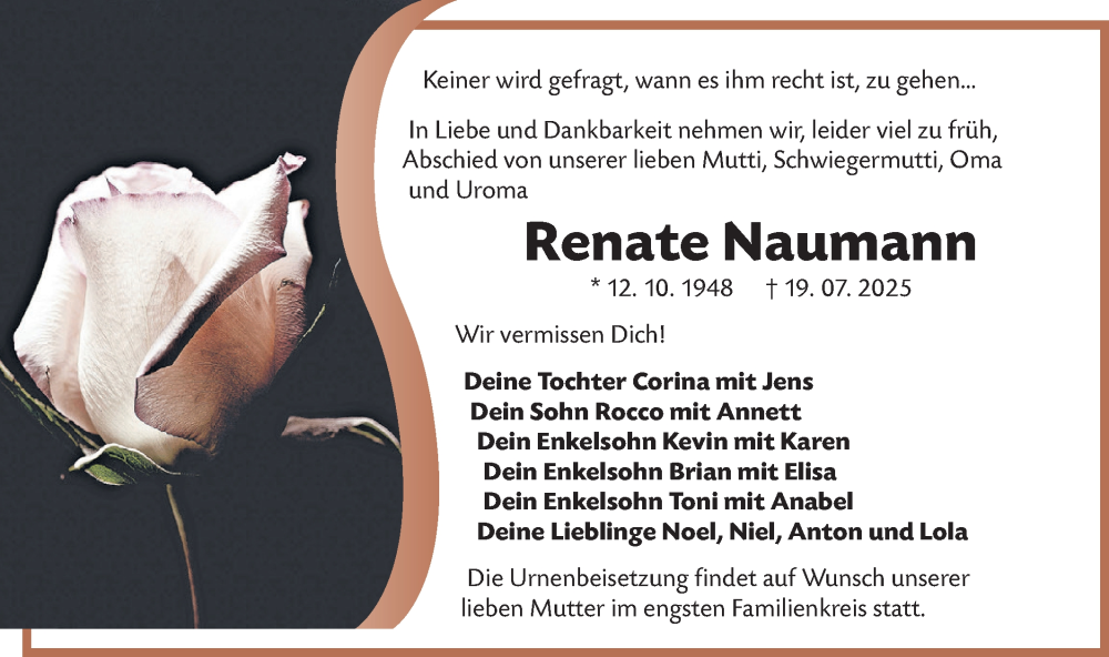  Traueranzeige für Renate Naumann vom 09.08.2025 aus Lausitzer Rundschau