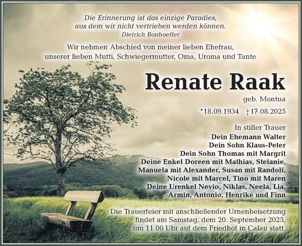  Traueranzeige für Renate Raak vom 30.08.2025 aus Lausitzer Rundschau