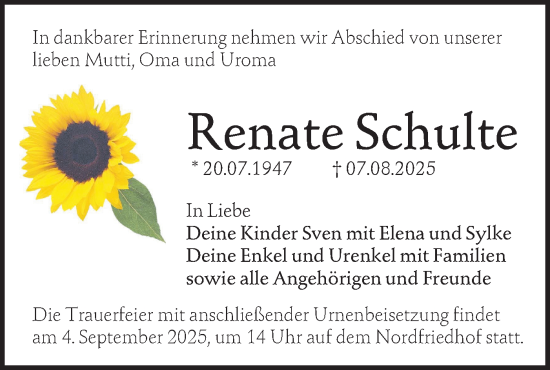 Traueranzeige von Renate Schulte von Lausitzer Rundschau