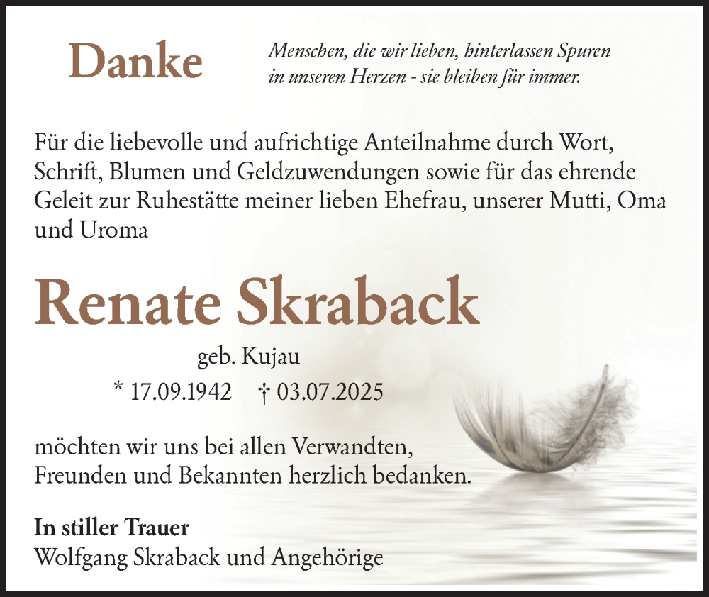  Traueranzeige für Renate Skraback vom 16.08.2025 aus Lausitzer Rundschau