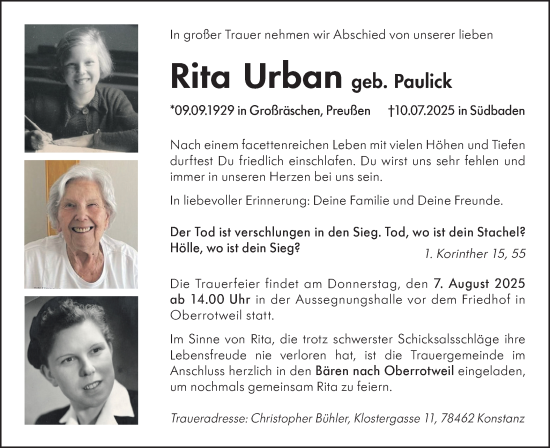 Traueranzeige von Rita Urban von Lausitzer Rundschau