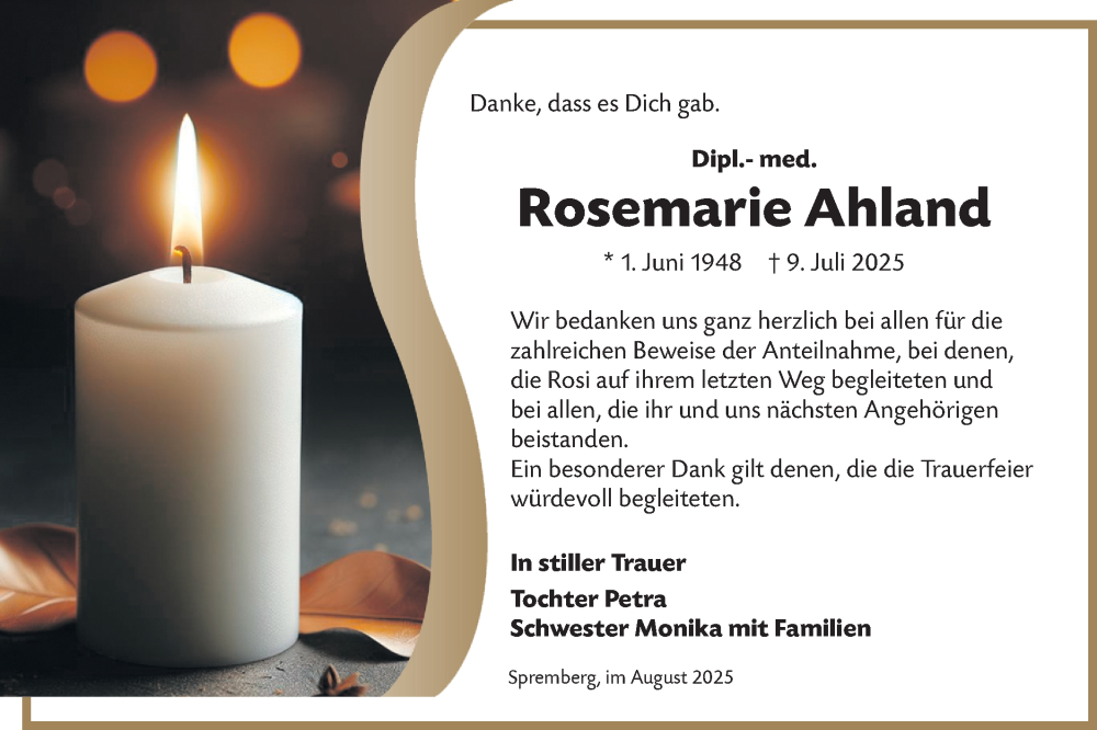  Traueranzeige für Rosemarie Ahland vom 16.08.2025 aus Lausitzer Rundschau