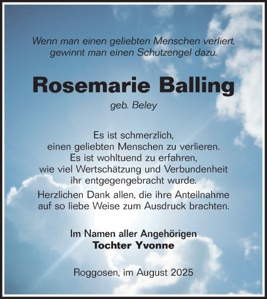 Traueranzeige von Rosemarie Balling von Lausitzer Rundschau