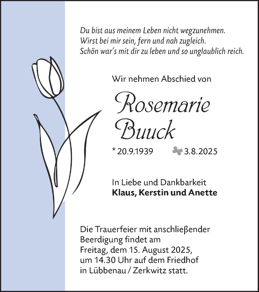  Traueranzeige für Rosemarie Buuck vom 09.08.2025 aus Ausg. LR Spreewald RS