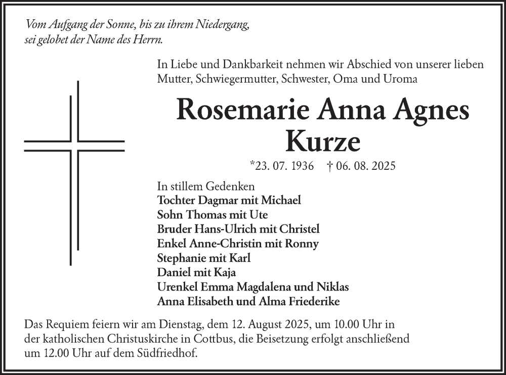  Traueranzeige für Rosemarie Anna Agnes Kurze vom 09.08.2025 aus Lausitzer Rundschau