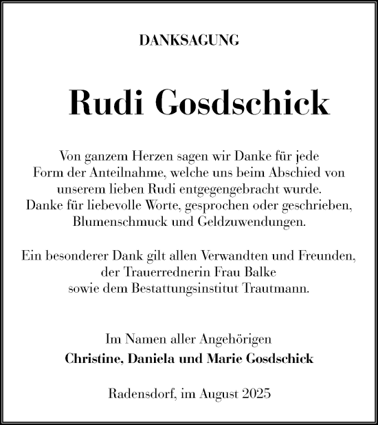 Traueranzeige von Rudi Gosdschick von Lausitzer Rundschau