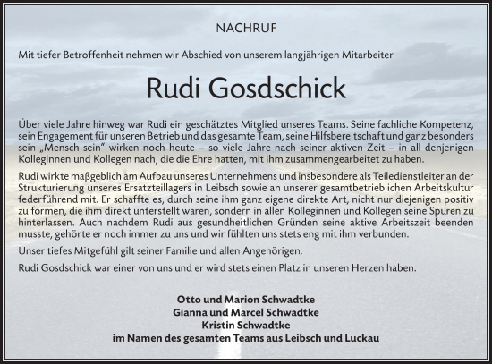 Traueranzeige von Rudi Gosdschick von Lausitzer Rundschau