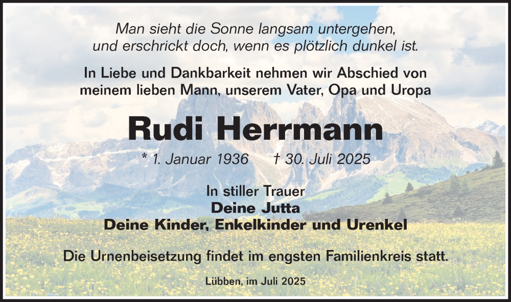  Traueranzeige für Rudi Herrmann vom 09.08.2025 aus Lausitzer Rundschau