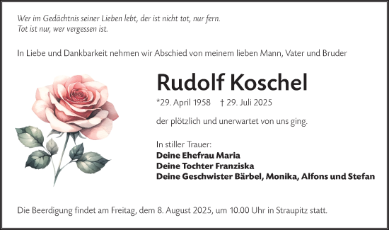 Traueranzeige von Rudolf Koschel von Lausitzer Rundschau