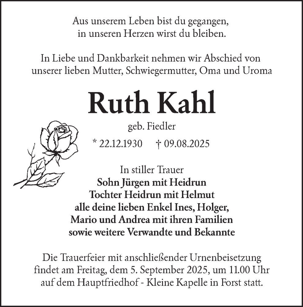  Traueranzeige für Ruth Kahl vom 30.08.2025 aus Lausitzer Rundschau