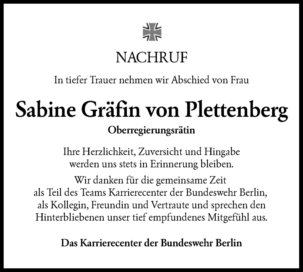 Traueranzeige für Sabine Gräfin von Plettenberg vom 09.08.2025 aus Lausitzer Rundschau