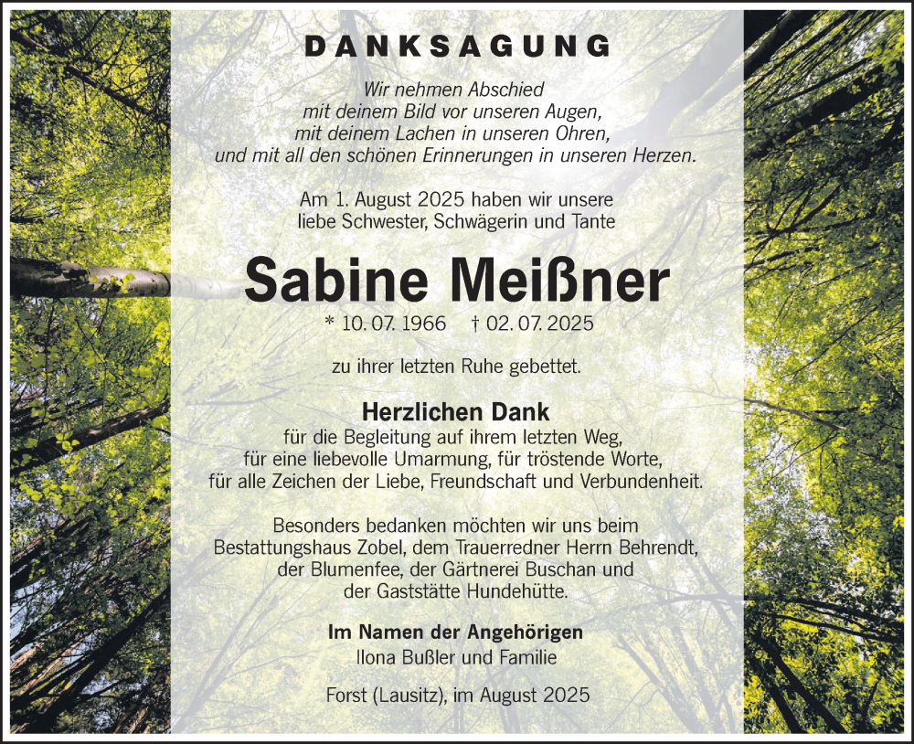  Traueranzeige für Sabine Meißner vom 23.08.2025 aus Lausitzer Rundschau