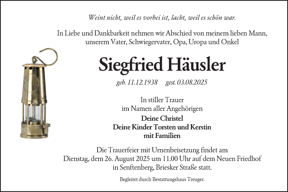  Traueranzeige für Siegfried Häusler vom 09.08.2025 aus Lausitzer Rundschau