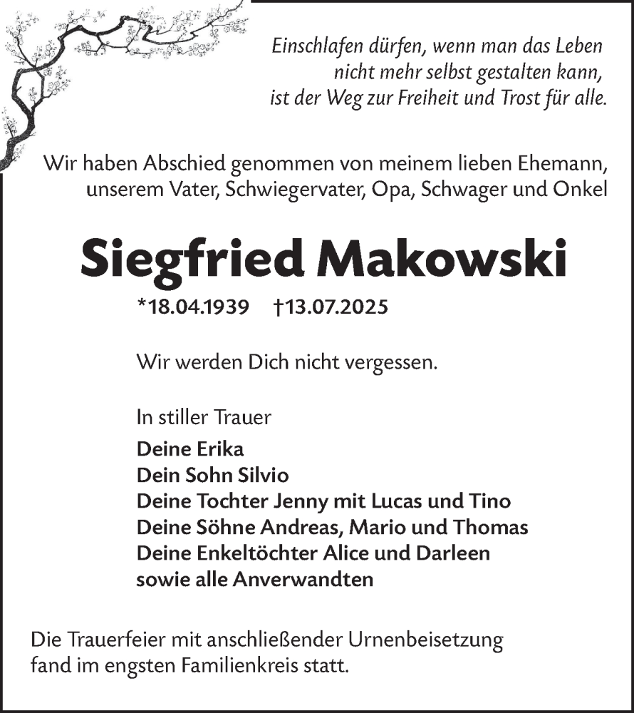  Traueranzeige für Siegfried Makowski vom 02.08.2025 aus Lausitzer Rundschau