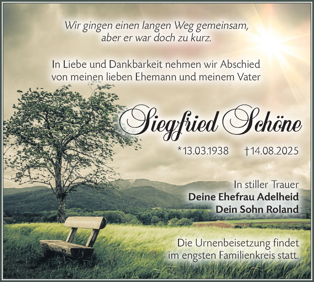  Traueranzeige für Siegfried Schöne vom 30.08.2025 aus Lausitzer Rundschau