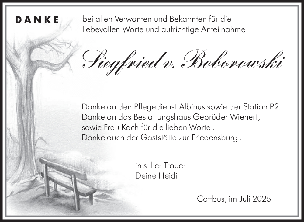  Traueranzeige für Siegfried   v. Boborowski vom 09.08.2025 aus Lausitzer Rundschau