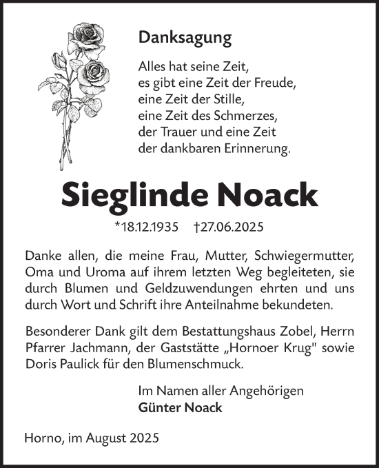 Traueranzeige von Sieglinde Noack von Lausitzer Rundschau