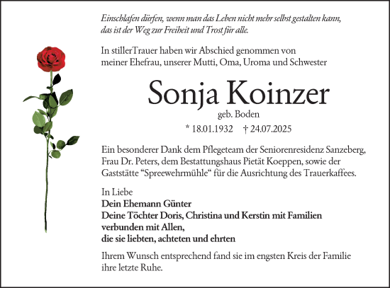 Traueranzeige von Sonja Koinzer von Lausitzer Rundschau