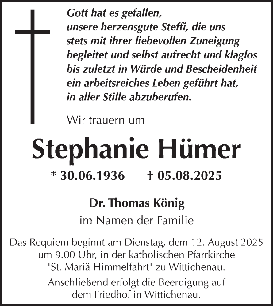  Traueranzeige für Stephanie Hümer vom 11.08.2025 aus Lausitzer Rundschau