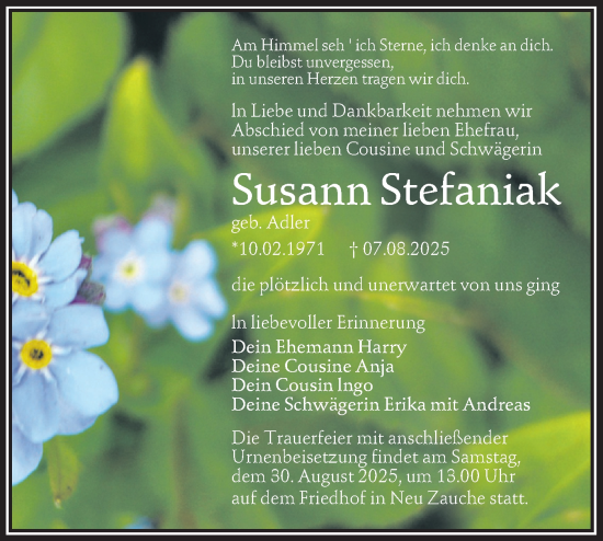 Traueranzeige von Susann Stefaniak von Lausitzer Rundschau