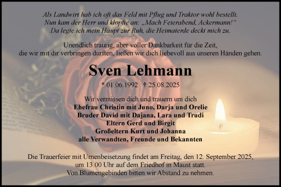 Traueranzeige von Sven Lehmann von Lausitzer Rundschau