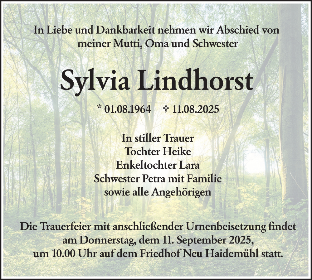  Traueranzeige für Sylvia Lindhorst vom 23.08.2025 aus Lausitzer Rundschau