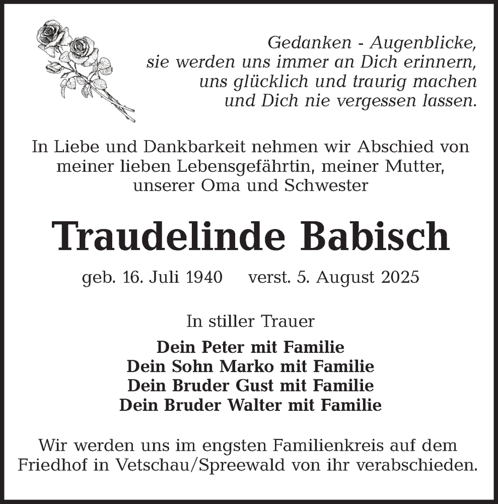  Traueranzeige für Traudelinde Babisch vom 16.08.2025 aus Lausitzer Rundschau