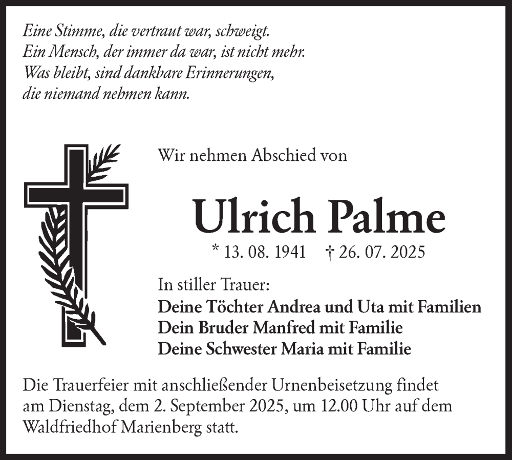  Traueranzeige für Ulrich Palme vom 23.08.2025 aus Lausitzer Rundschau