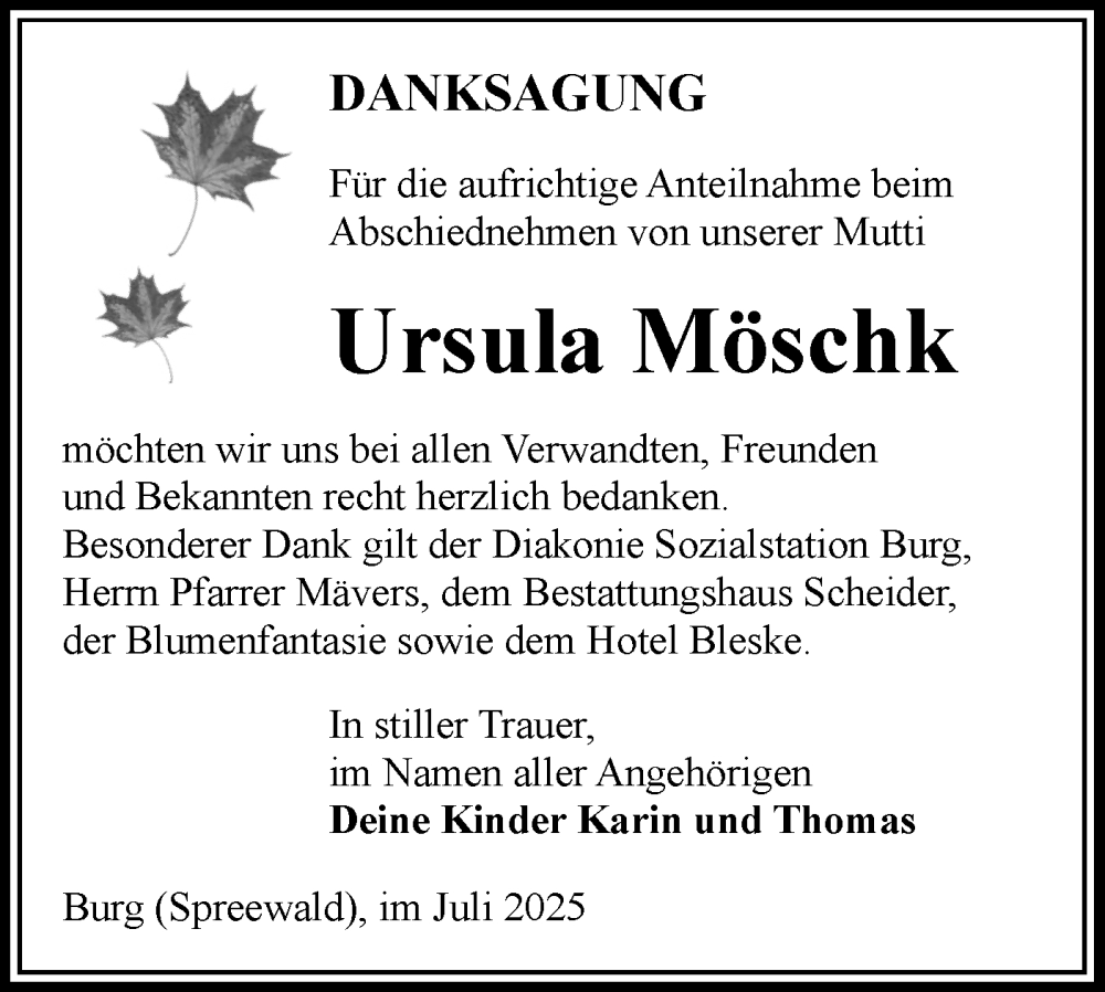  Traueranzeige für Ursula Möschk vom 02.08.2025 aus Lausitzer Rundschau