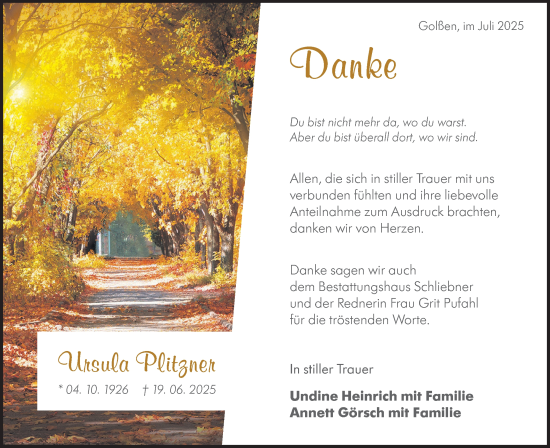 Traueranzeige von Ursula Plitzner von Lausitzer Rundschau