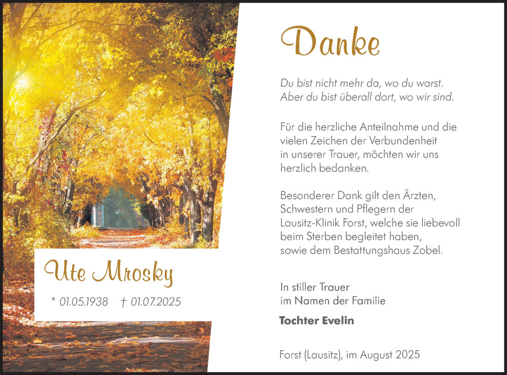  Traueranzeige für Ute Mrosky vom 16.08.2025 aus Lausitzer Rundschau