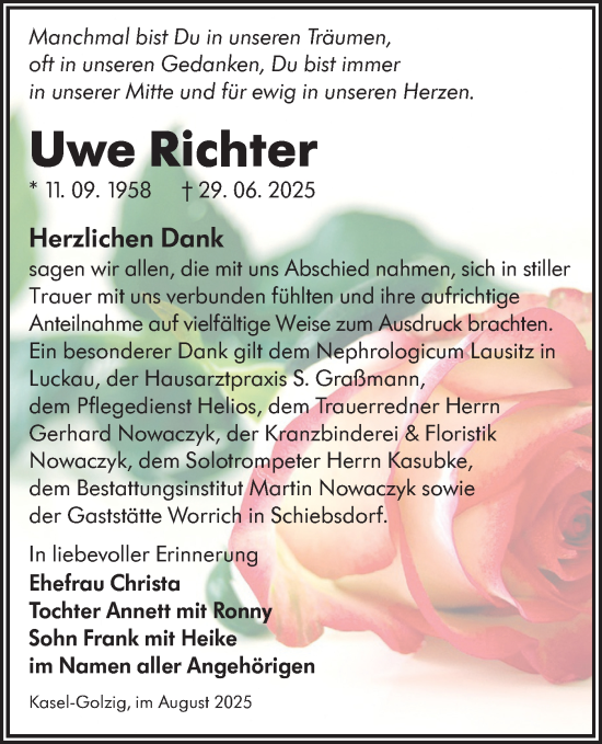 Traueranzeige von Uwe Richter von Lausitzer Rundschau