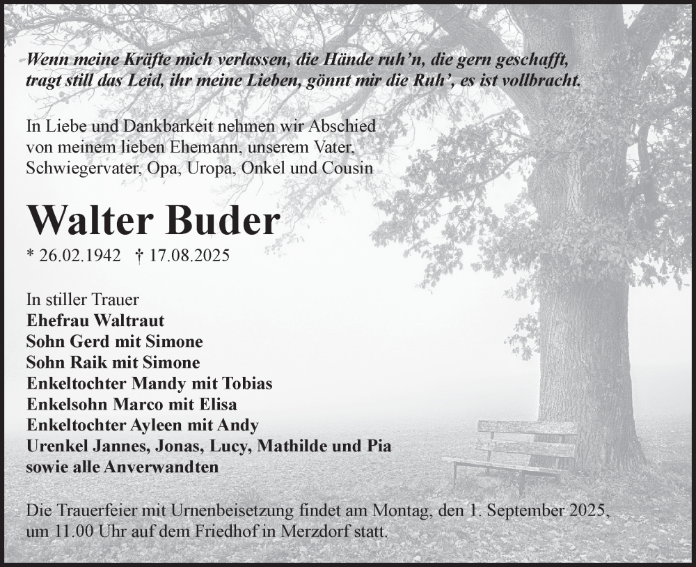  Traueranzeige für Walter Buder vom 23.08.2025 aus Lausitzer Rundschau