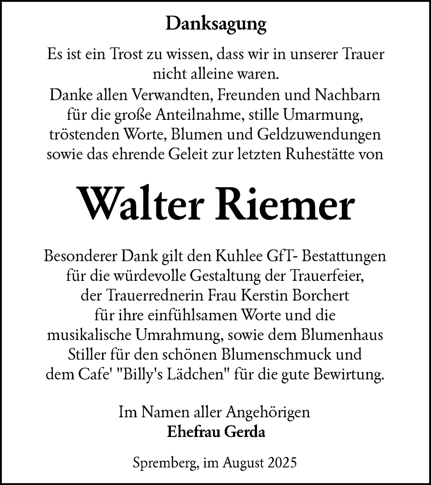  Traueranzeige für Walter Riemer vom 09.08.2025 aus Lausitzer Rundschau