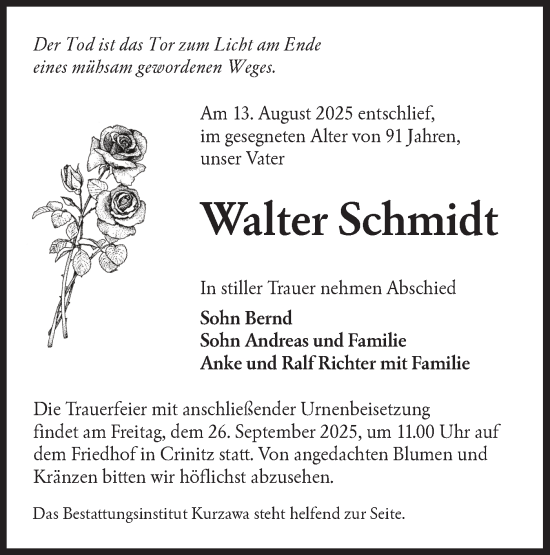 Traueranzeige von Walter Schmidt von Lausitzer Rundschau