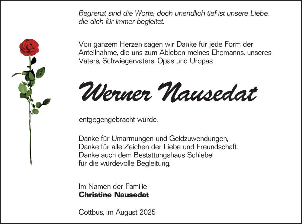  Traueranzeige für Werner Nausedat vom 09.08.2025 aus Lausitzer Rundschau