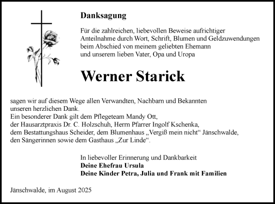 Traueranzeige von Werner Starick von Lausitzer Rundschau