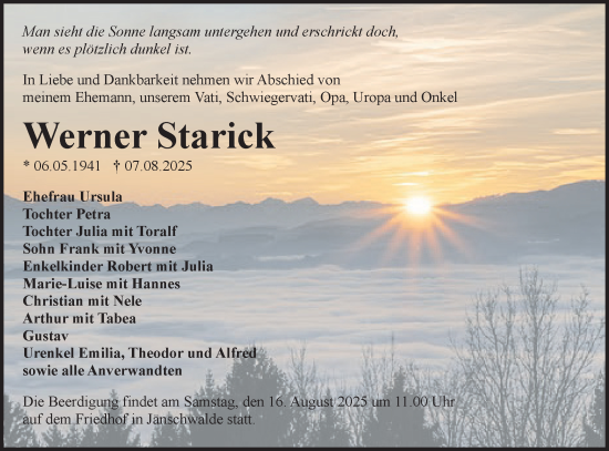 Traueranzeige von Werner Starick von Lausitzer Rundschau