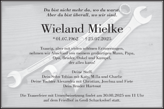 Traueranzeige von Wieland Mielke von Lausitzer Rundschau