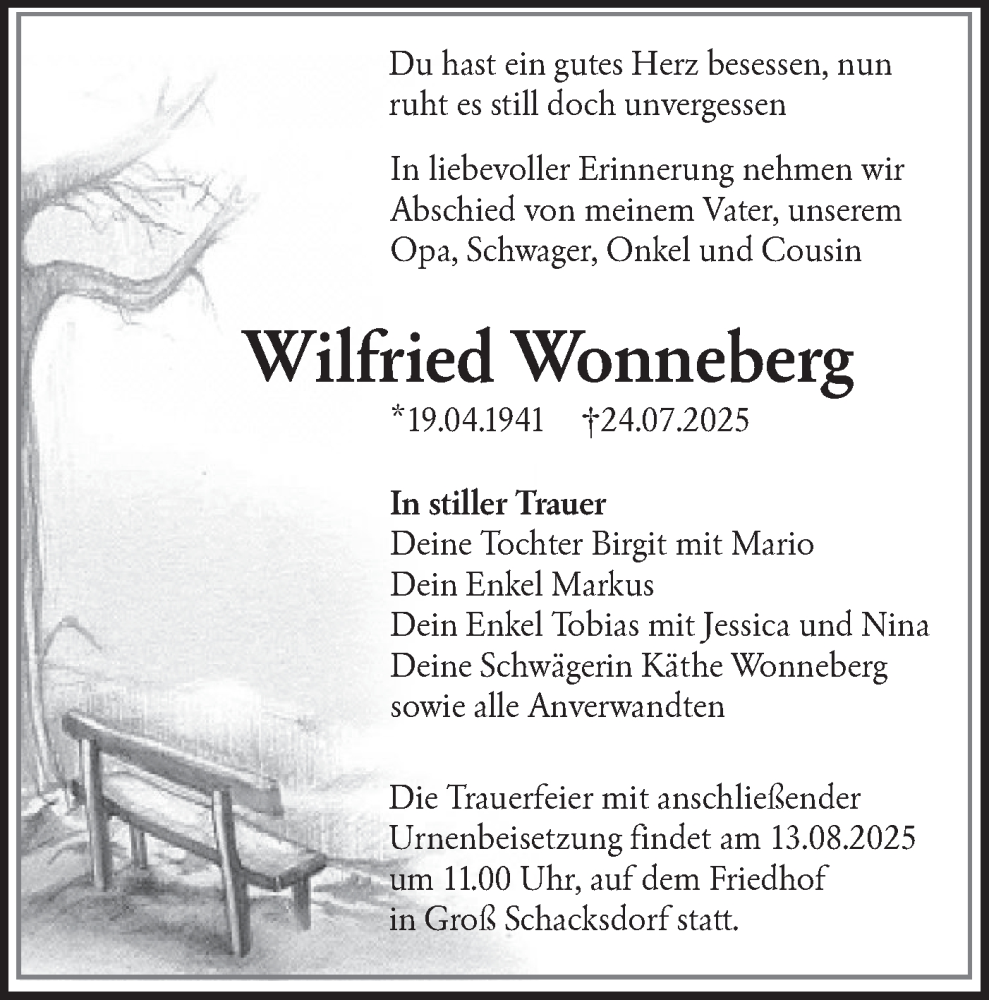  Traueranzeige für Wilfried Wonneberg vom 09.08.2025 aus Lausitzer Rundschau