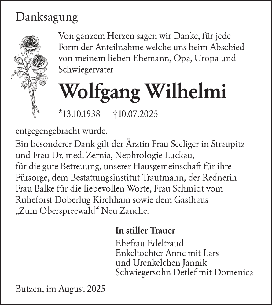 Traueranzeige für Wolfgang Wilhelmi vom 16.08.2025 aus Lausitzer Rundschau