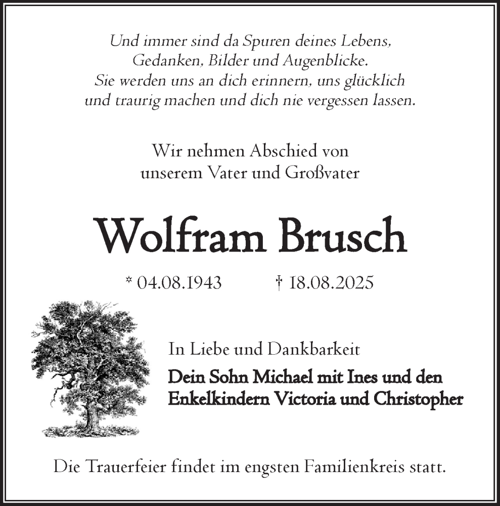  Traueranzeige für Wolfram Brusch vom 23.08.2025 aus Lausitzer Rundschau